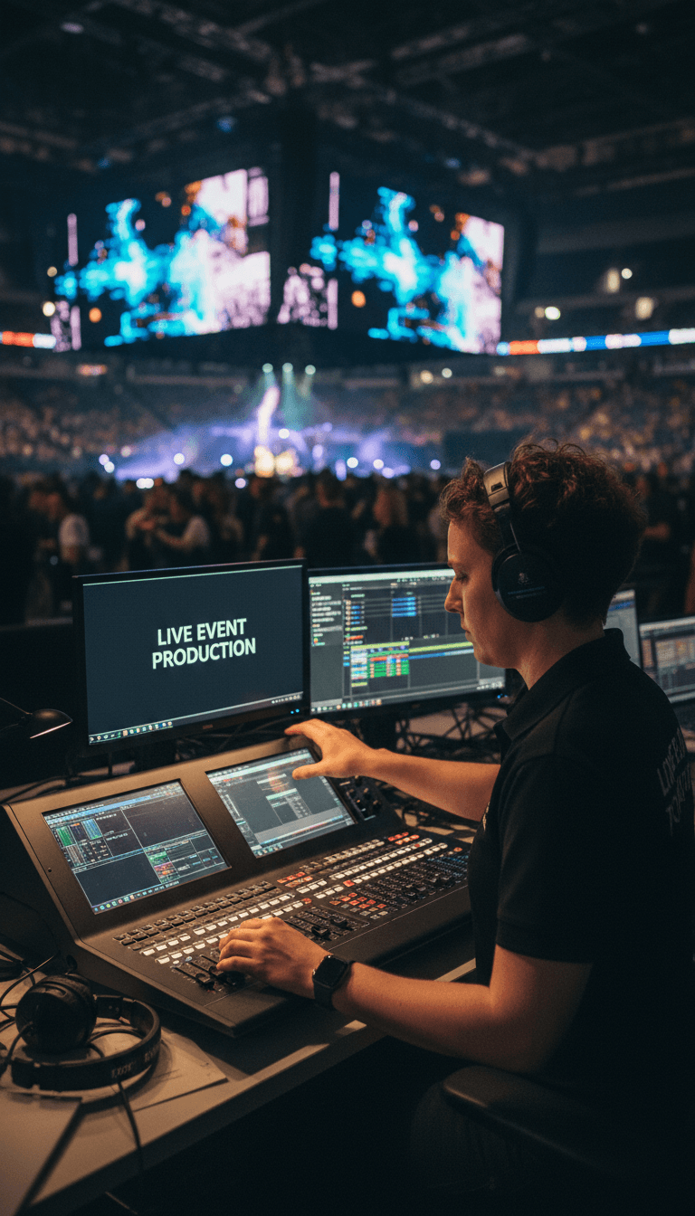 Video engineer at a multi-screen production switcher