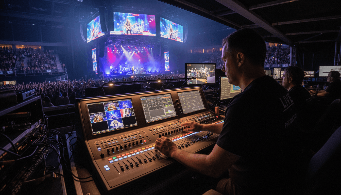 Video engineer operating a professional switcher console at a live event