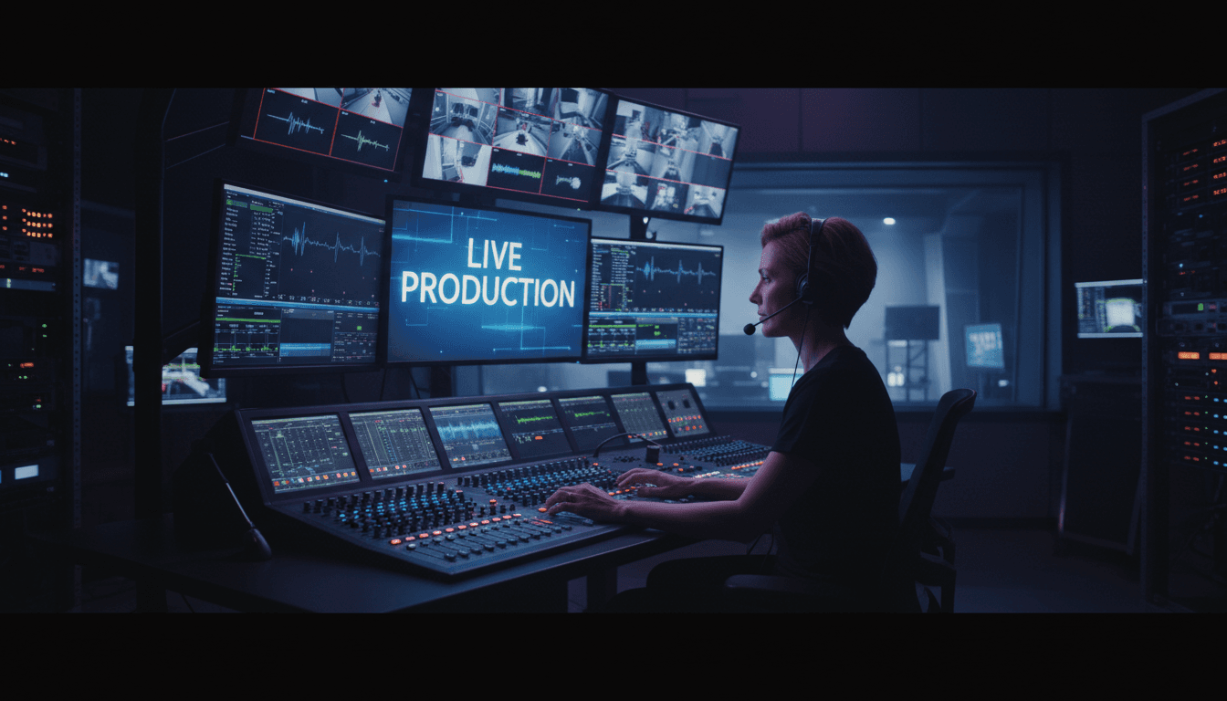 Video engineer working at a control console in a dark production environment