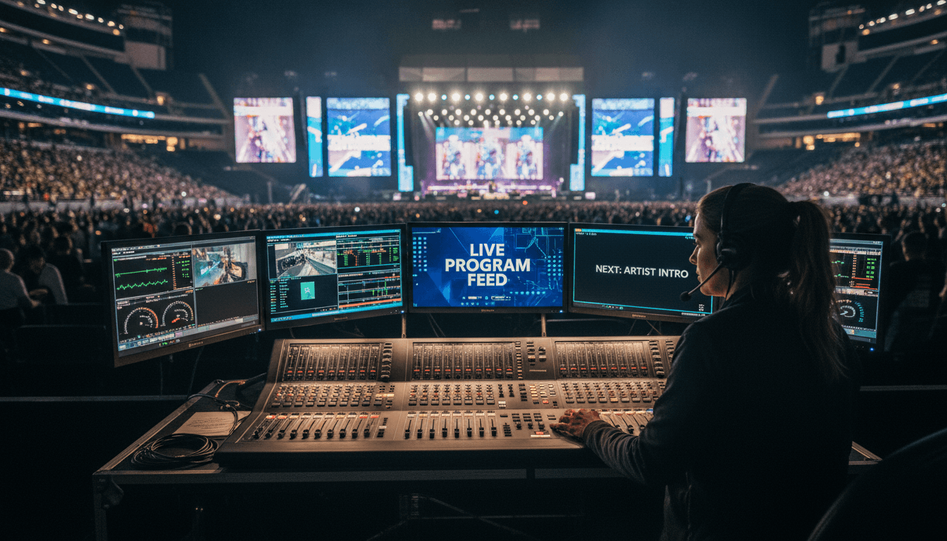 Video engineer working at a production switcher console with multiple monitors