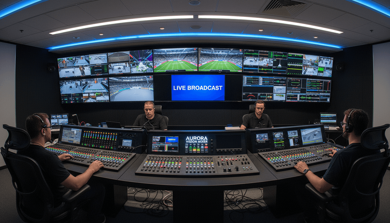 Broadcast production setup with video switchers and monitors