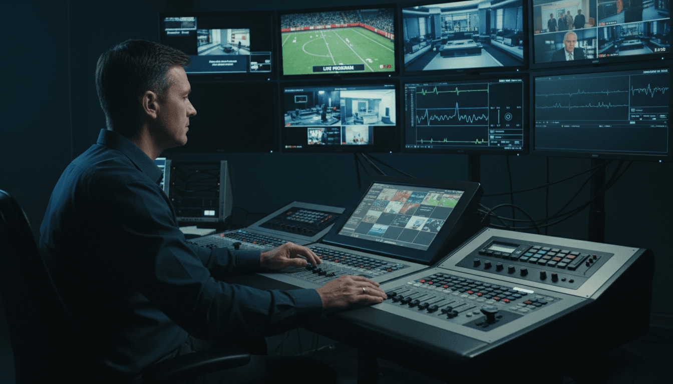 Video engineer operating a large switcher console with multiple screens in a dark control room