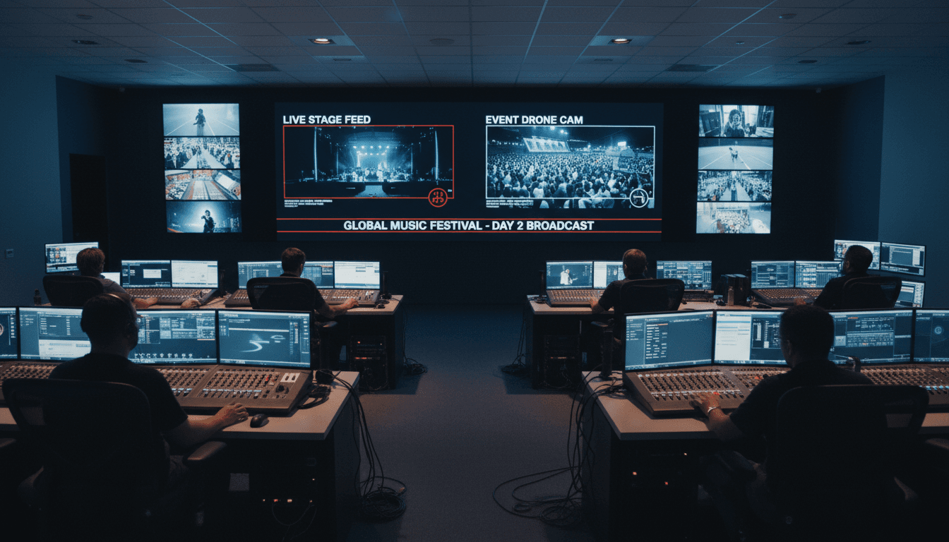 Broadcast production setup with video switchers and rack-mounted monitors