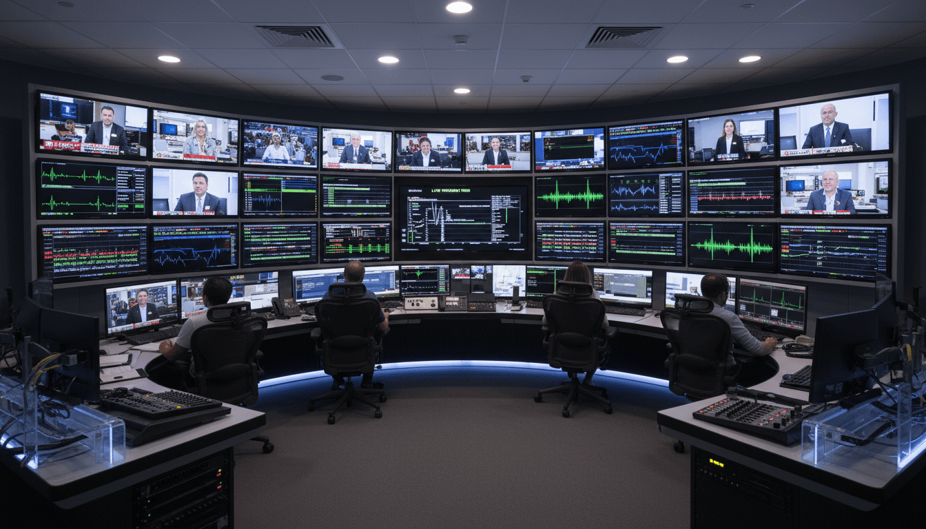 Broadcast production setup with multiple monitors, video switchers, and rack-mounted gear