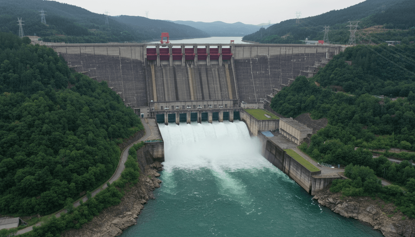 Aerial view of a large dam and power generation facility