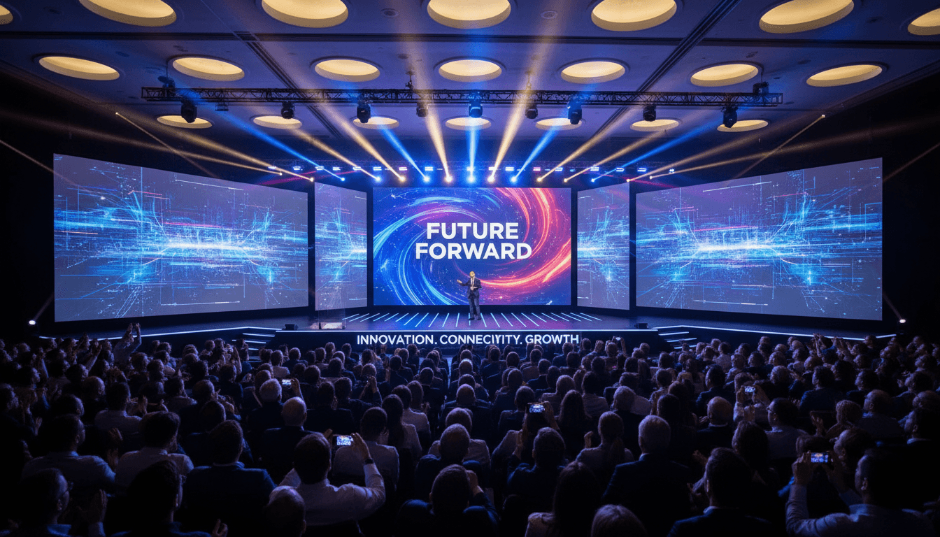 Large corporate event with hundreds of attendees viewing integrated video walls and stage displays