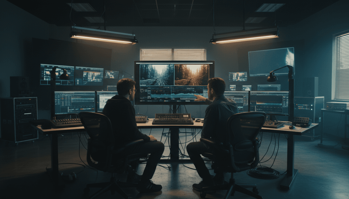 Video production control room with monitors, switchers, and rack-mounted equipment